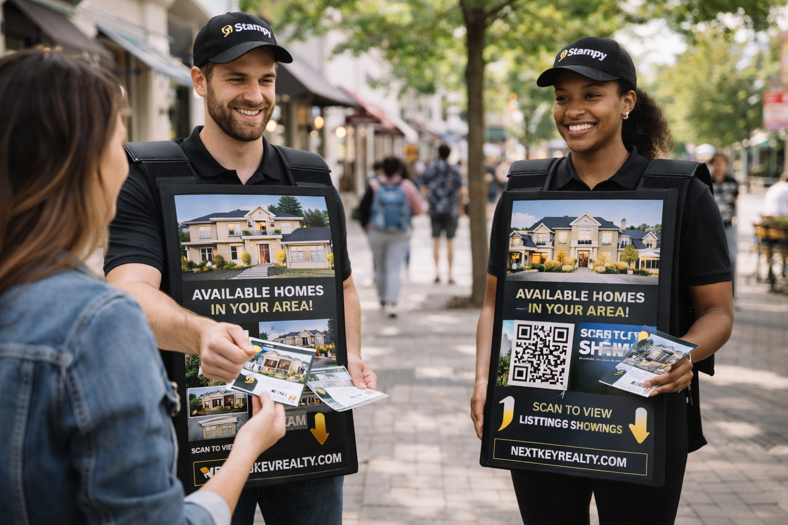 Stampy street team promoting real estate listings with flyers and QR codes
